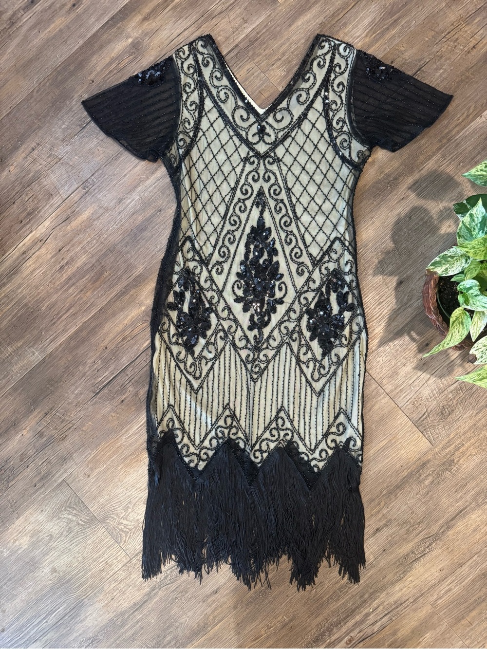 Fundaisy 1920s Flapper Dress M Black Geometric Beaded Fringe Gatsby Sz Lg